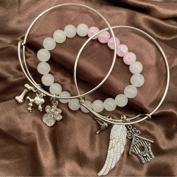 Set of 3 Handmade White Silver Two Bangles One Beaded Bracelets - Picture 3 of 3